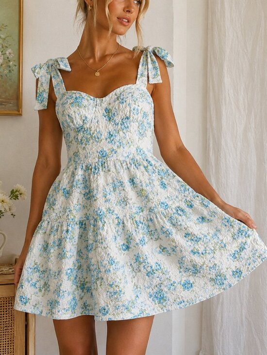 Altar'd State Dresses & Skirts - Altar’d State Blue Floral Shimmer Jacquard Tie Strap Mini Dress Cottagecore Size